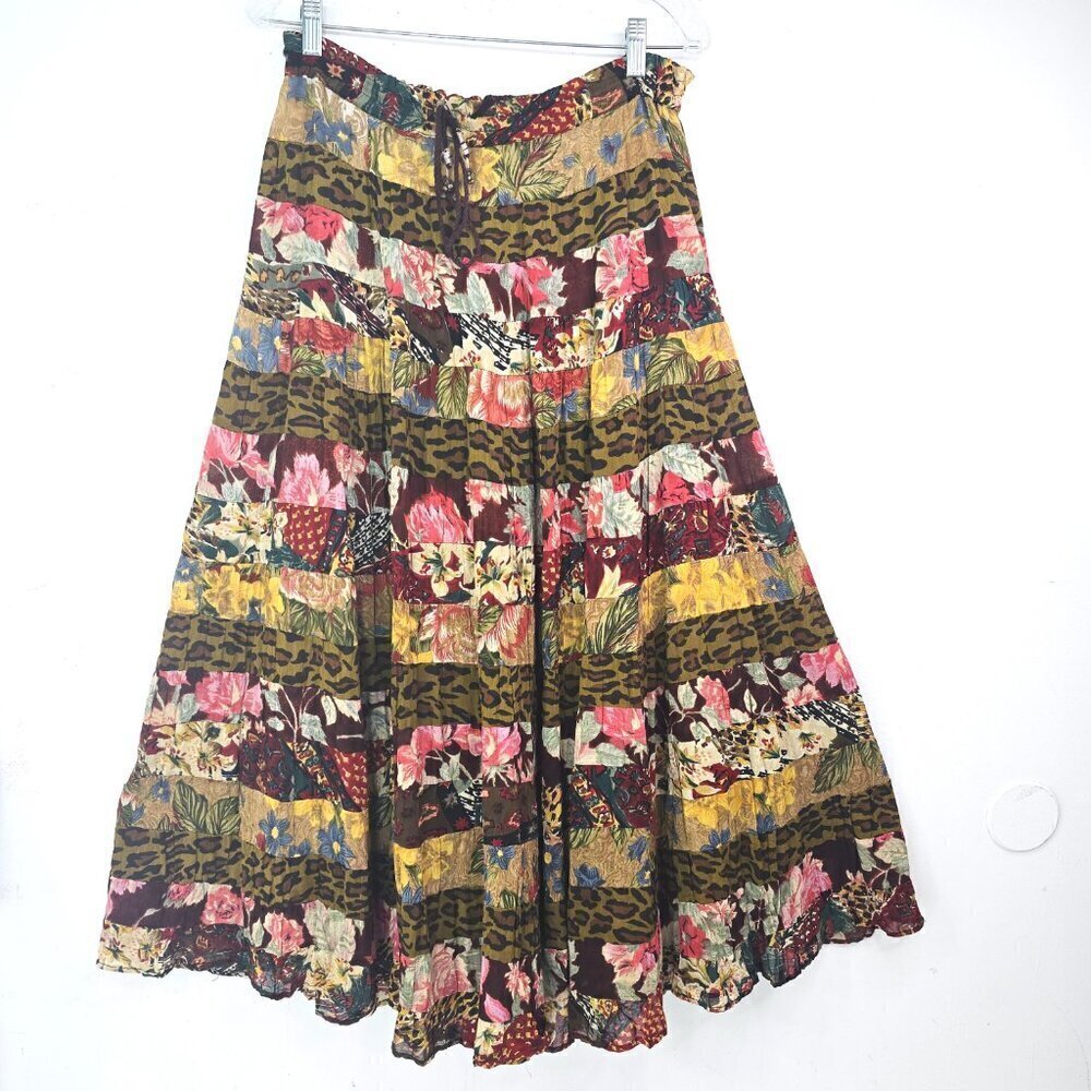 Vintage 80s 90s Brown Animal Floral Patchwork Boho Gypsy Maxi Broom Skirt